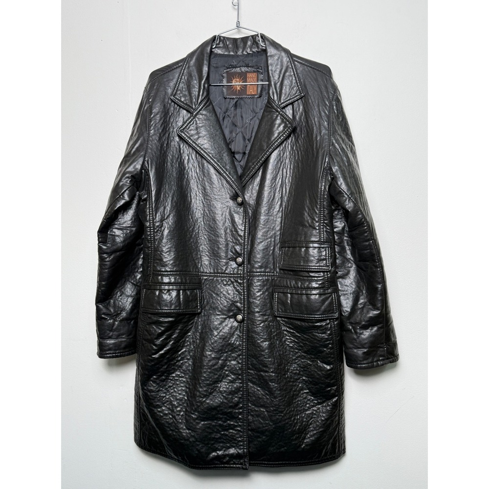 VTG‎ Gianni Versace Black Leather Coat Medusa Buttons Quilted Lining